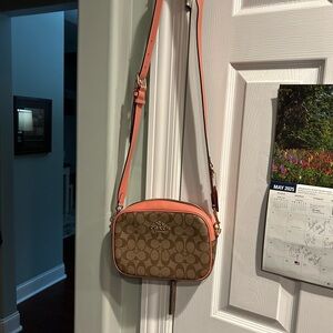 Coach Tan and Pink Crossbody Bag with Signature Monogram